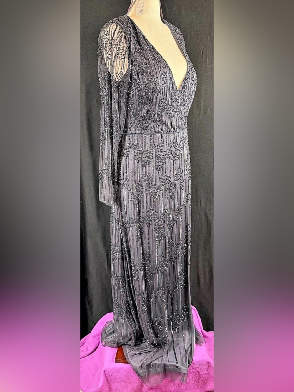 Adrianna Papell Platinum Gown Style House Of Wu 16 Beaded Maxi Black Black Tie - Picture 1 of 16